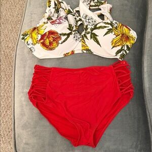 Floral Underwire Bikini Top & Red High-Waist Bottoms